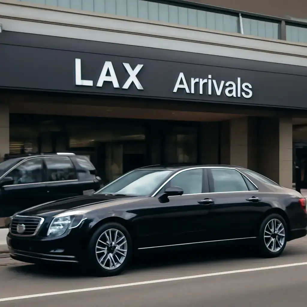 Black luxury sedan parked at LAX arrivals for chauffeur service.