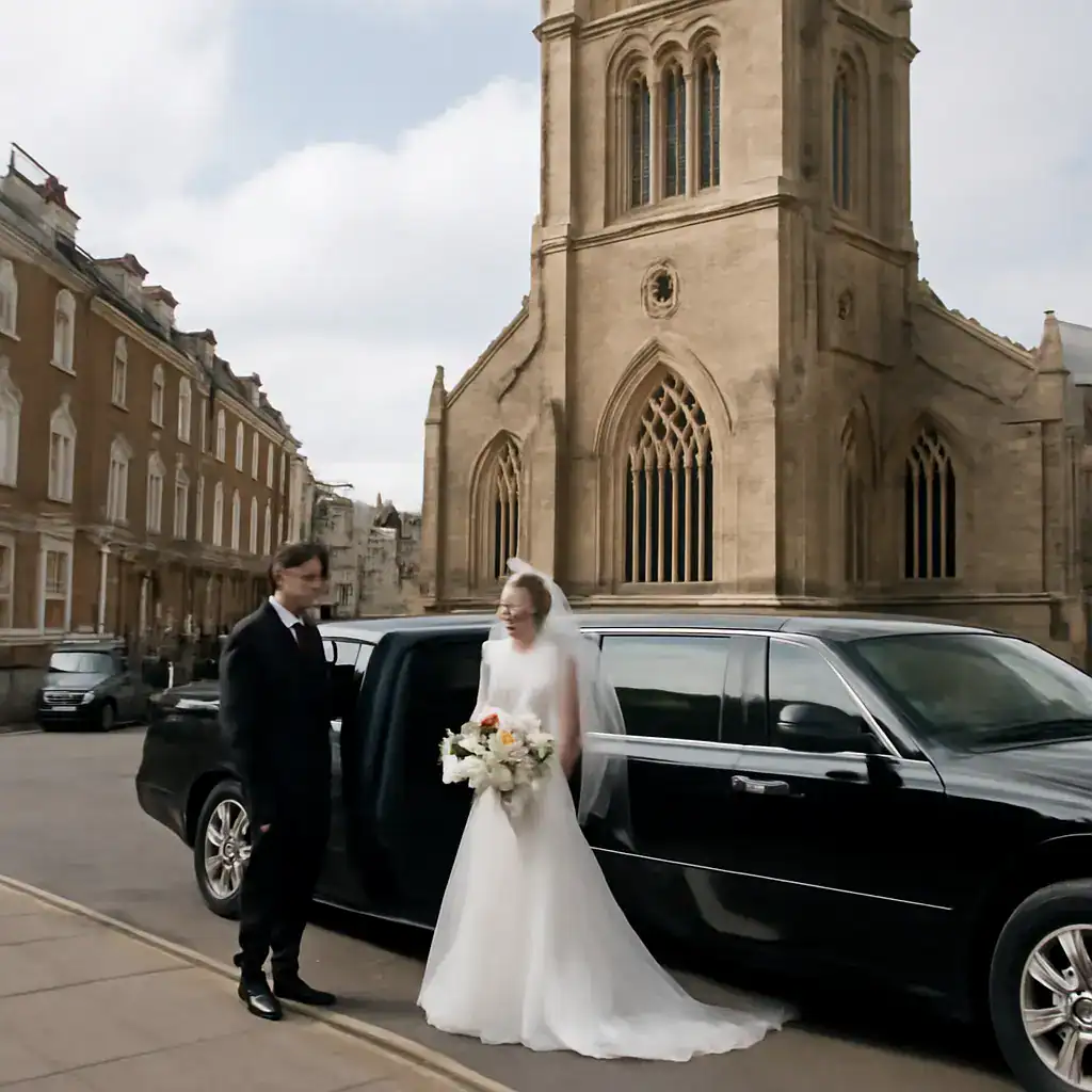 Premium chauffeur-driven wedding limousine outside a historic Boston church for a bride and groom.