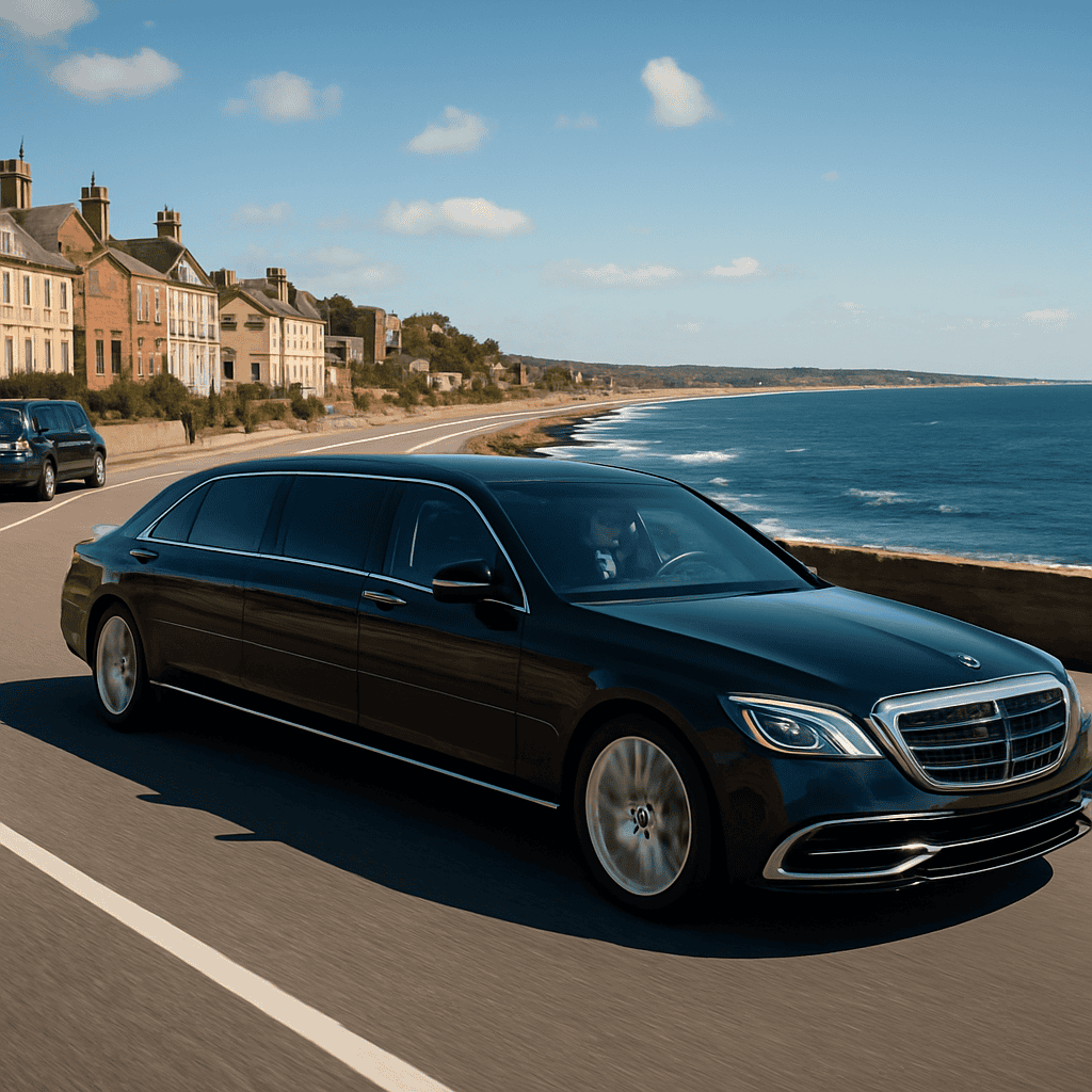 Luxury chauffeur car driving along scenic coastal road in Cape Cod, Massachusetts.