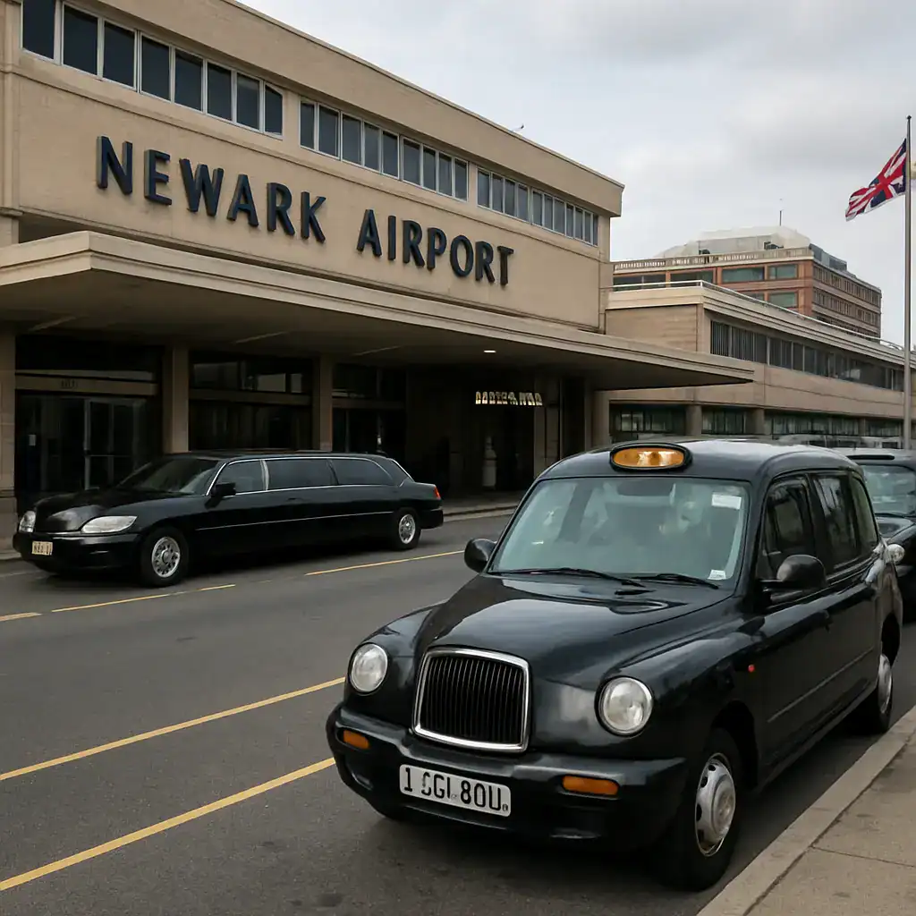 Chauffeur vehicle parked outside Newark Airport for seamless transportation.