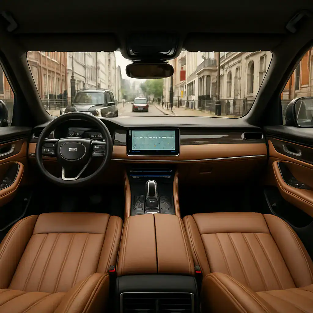 Luxury car interior with leather seats and advanced dashboard in Boston.