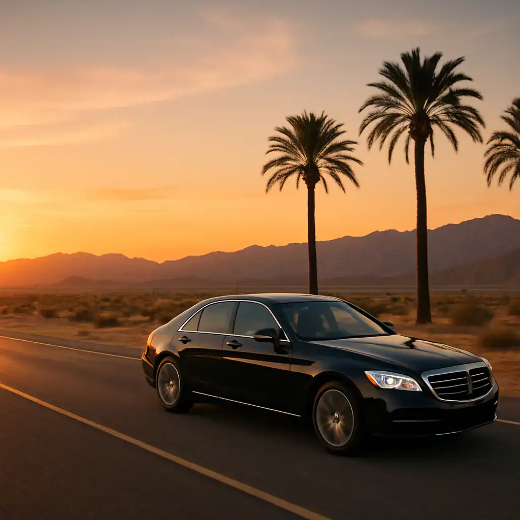 Luxury black sedan driving on a desert highway with palm trees and mountains at sunset.