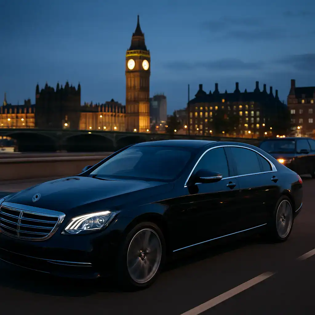 Luxury black sedan driving past Big Ben in London during evening.
