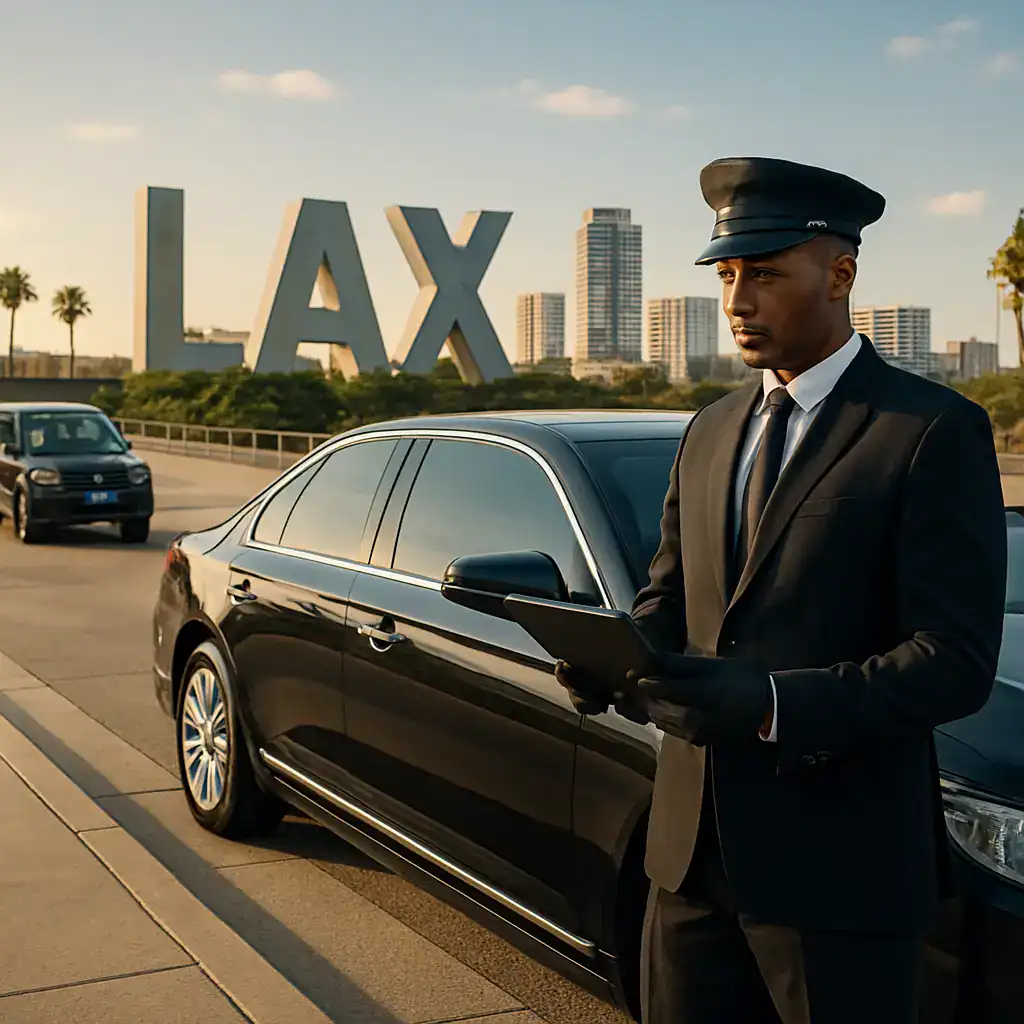 Professional chauffeur at LAX ready for Long Beach transportation services.