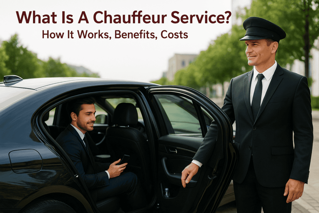 Professional chauffeur opening car door for a passenger in a luxury vehicle.