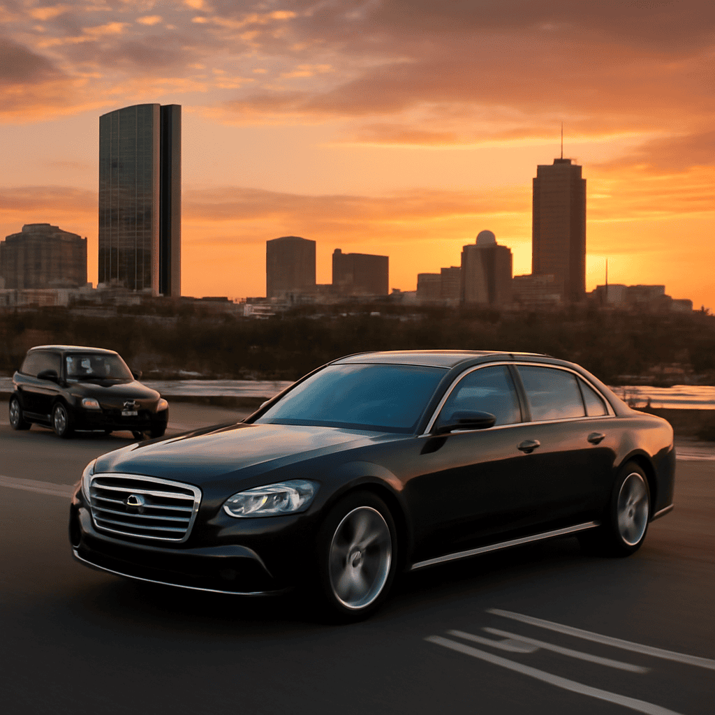 Luxury sedan on highway with city skyline at sunset, offering premium Boston to Hartford car service.