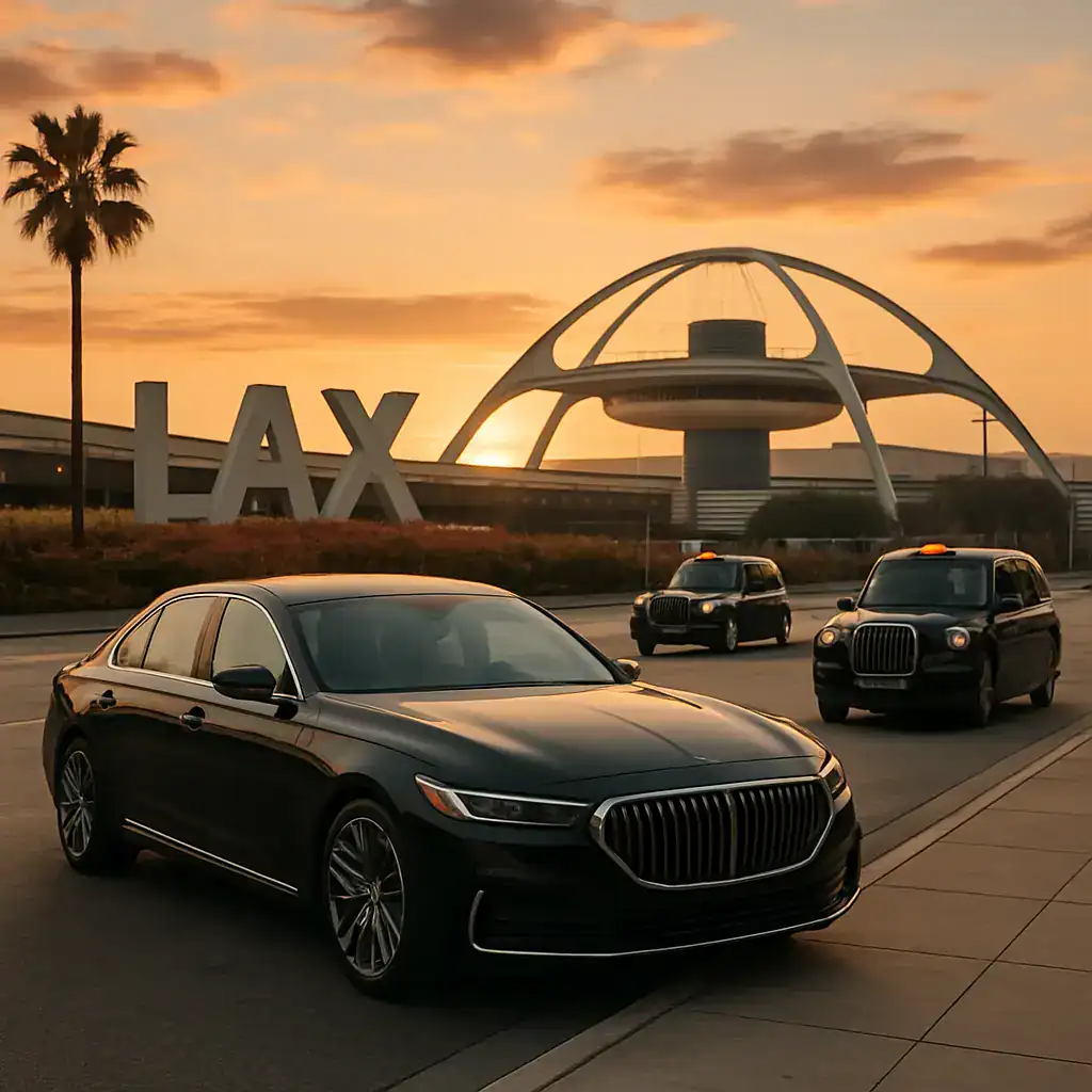 Luxury black sedan at LAX airport with terminal and sunset sky in background.
