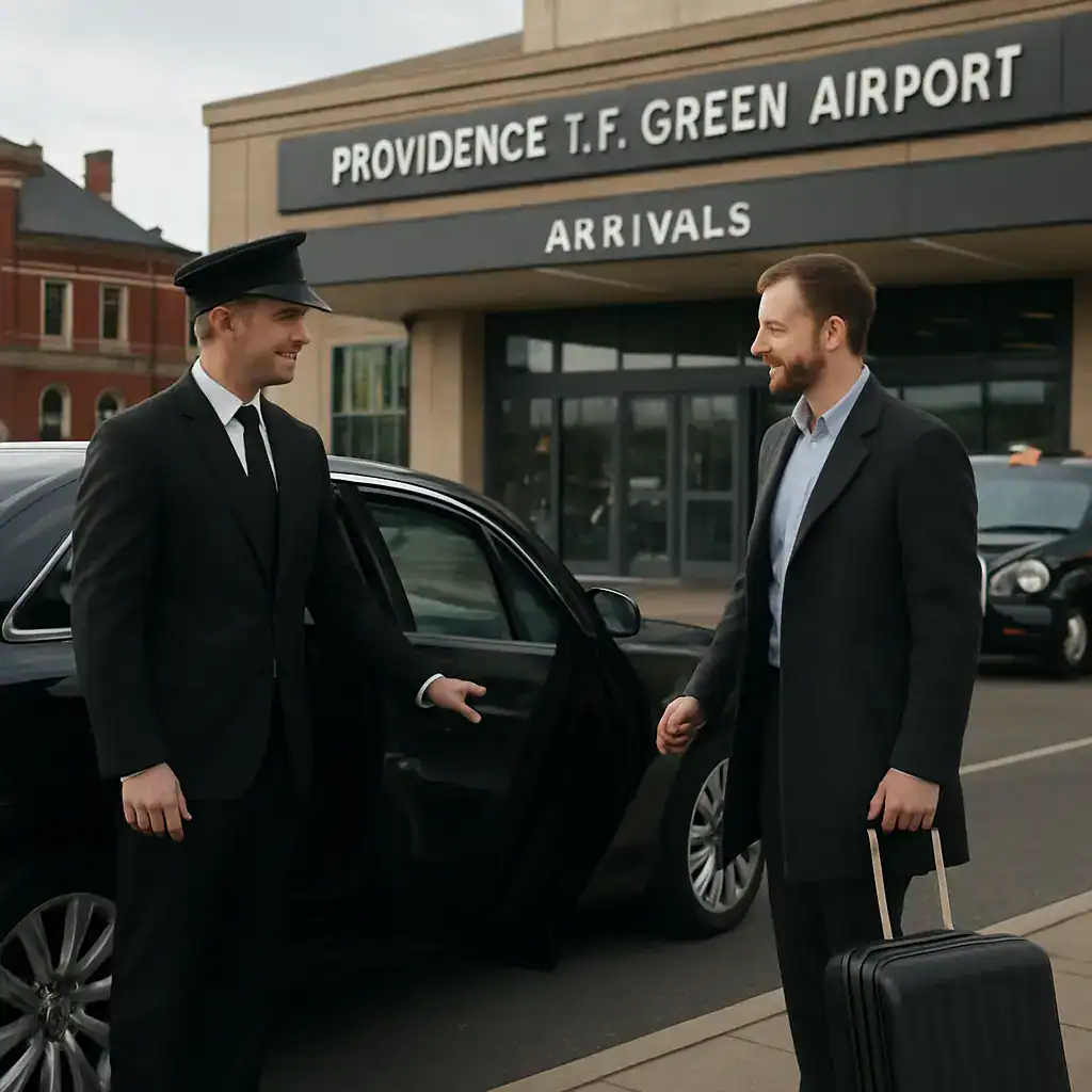 Professional chauffeur assisting traveler at Providence T.F. Green Airport.