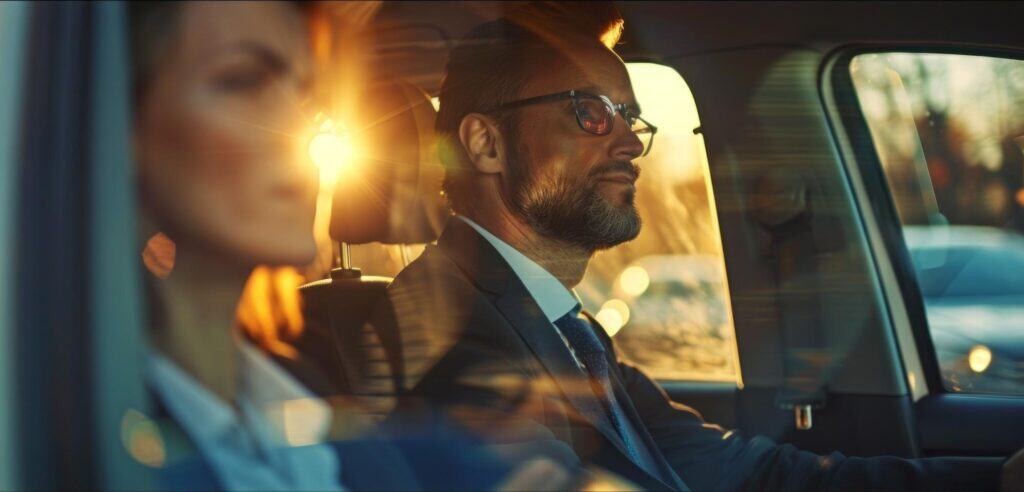 Professional chauffeur driving a luxury black car during sunset, offering premium transportation ser.