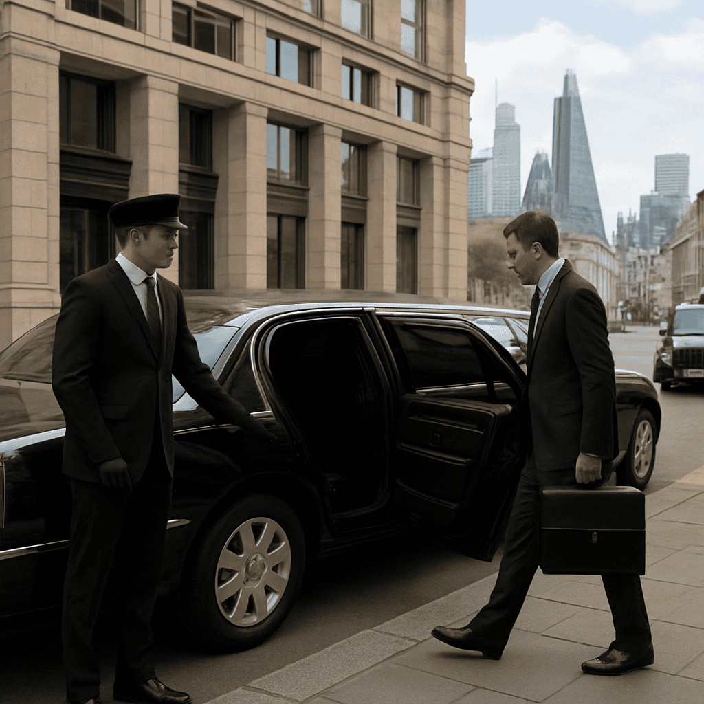 Professional chauffeur assisting client with car door in Boston city center.