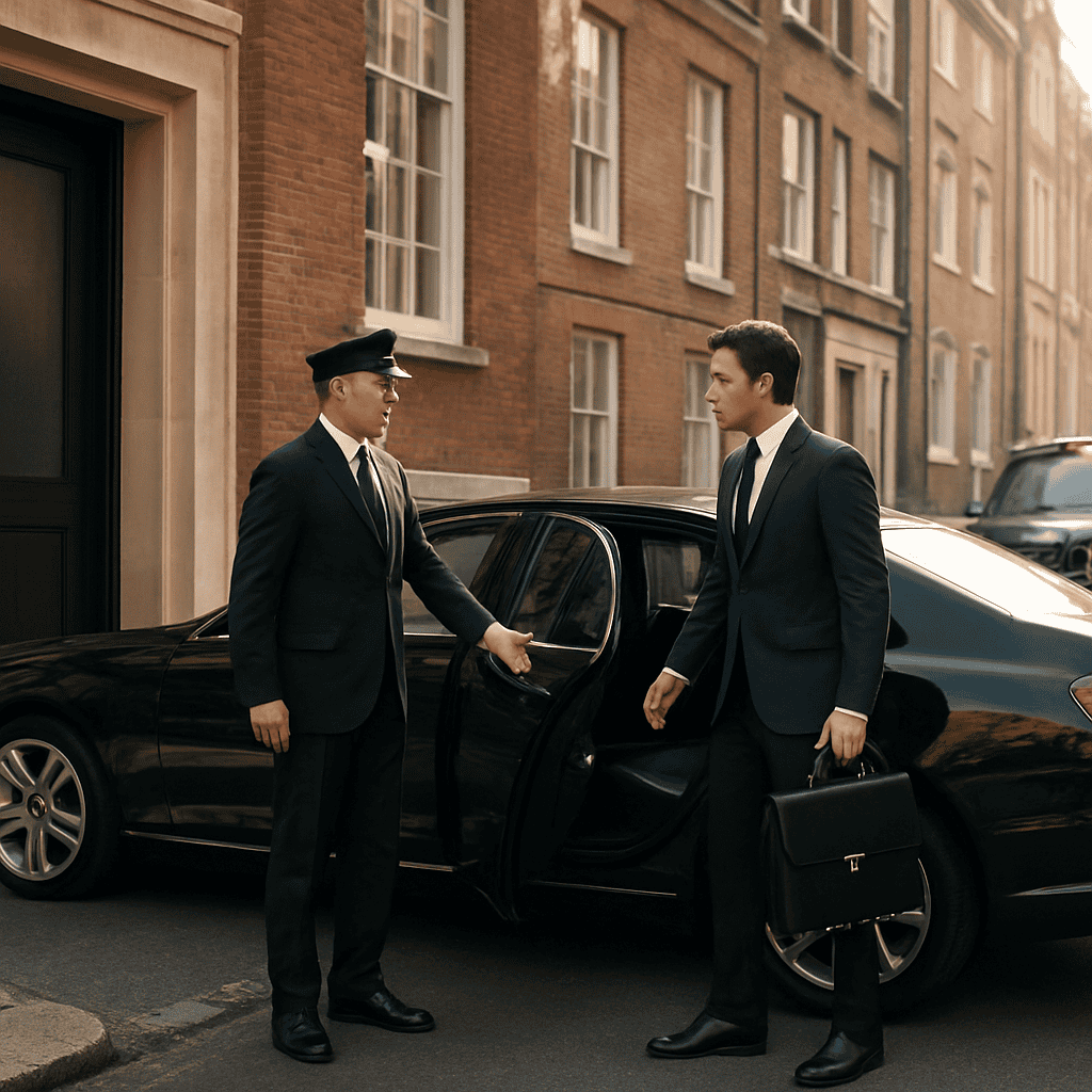 Professional chauffeur opening car door for client in a luxury vehicle.