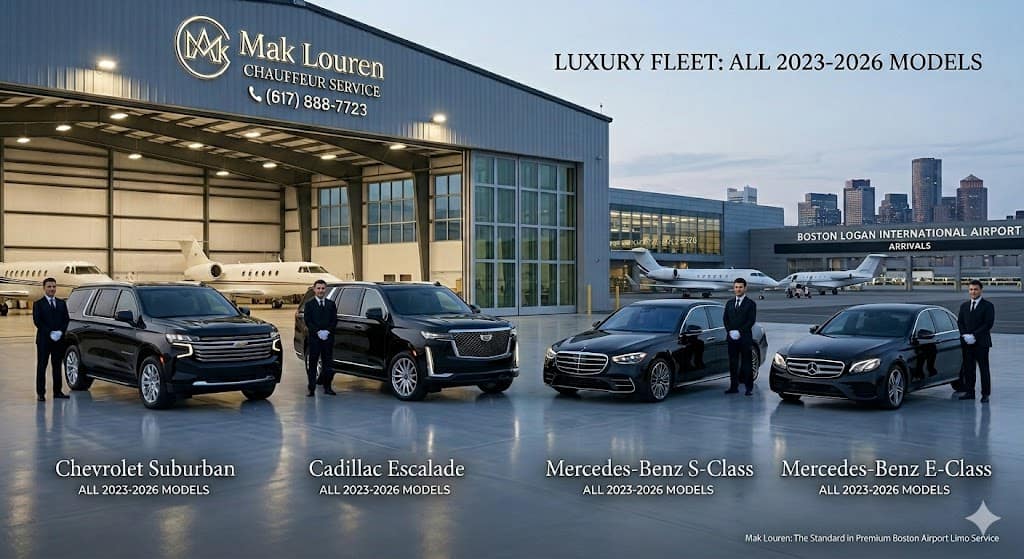 Fleet of luxury chauffeur vehicles at Logan Airport for premium transportation services.