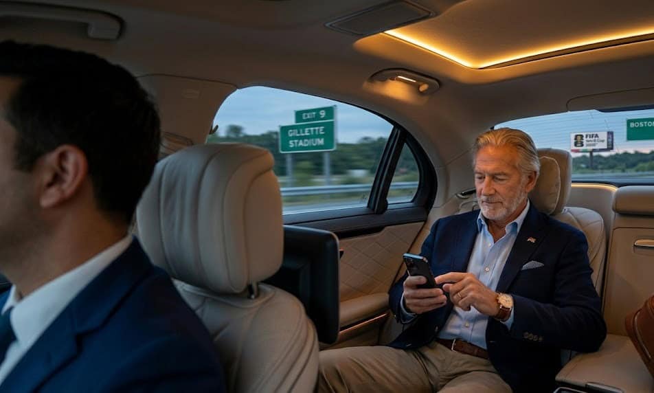Executive passenger working in a luxury Mak Louren chauffeur vehicle on the way to Gillette Stadium for the World Cup 2026.