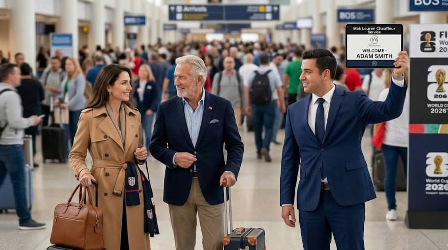 Mak Louren chauffeur providing luxury World Cup 2026 airport transfer service at Boston Logan International Airport (BOS).